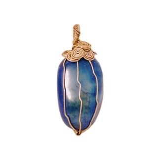 Estate Blue Oval Wire Wrapped Gemstone Silver Tone Pendant ONLY Boho Statement